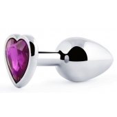 Серебристая анальная пробка с фиолетовым кристаллом-сердечком - 8 см. - Anal Jewelry Plug - купить с доставкой в Балашихе
