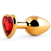 Золотистая анальная пробка с красным стразом-сердечком - 8 см. - Anal Jewelry Plug - купить с доставкой в Балашихе