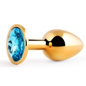 Золотистая анальная пробка с голубым стразом - 7,2 см. - Anal Jewelry Plug - купить с доставкой в Балашихе