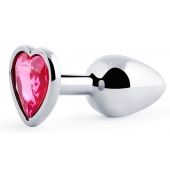 Серебристая анальная пробка с розовым кристаллом-сердечком - 7 см. - Anal Jewelry Plug - купить с доставкой в Балашихе