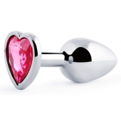 Серебристая анальная пробка с малиновым кристаллом-сердечком - 7 см. - Anal Jewelry Plug - купить с доставкой в Балашихе