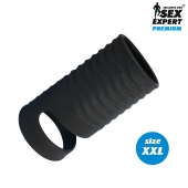 Черная открытая насадка на пенис с кольцом для мошонки XXL-size - 9,4 см. - Sex Expert - в Балашихе купить с доставкой