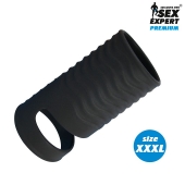 Черная открытая насадка на пенис с кольцом для мошонки XXXL-size - 9,9 см. - Sex Expert - в Балашихе купить с доставкой