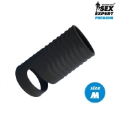 Черная открытая насадка на пенис с кольцом для мошонки size M - 7,9 см. - Sex Expert - в Балашихе купить с доставкой