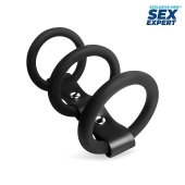 Черное тройное эрекционное кольцо с ремешком - Sex Expert - в Балашихе купить с доставкой