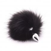 Серебристая анальная пробка с черным хвостиком из искусственного меха - Crazy Handmade