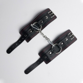 Черные кожаные наручники с красной строчкой - Crazy Handmade - купить с доставкой в Балашихе