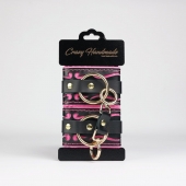 Черные кожаные наручники с розовой строчкой - Crazy Handmade - купить с доставкой в Балашихе