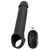 Черная вибронасадка для пениса с хомутом для мошонки и пультом ДУ Remote Controlled Penis Extension - Orion - в Балашихе купить с доставкой