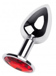 Маленькая коническая серебристая анальная пробка с красным кристаллом - 7 см. - ToyFa - купить с доставкой в Балашихе