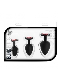 Набор черных анальных пробок с красным кристаллом-сердечком Bling Plugs Training Kit - Blush Novelties - купить с доставкой в Балашихе