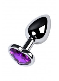 Серебристая коническая анальная пробка с фиолетовым кристаллом-сердечком - 7 см. - ToyFa - купить с доставкой в Балашихе