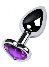 Серебристая коническая анальная пробка с фиолетовым кристаллом-сердечком - 7 см. - ToyFa - купить с доставкой в Балашихе
