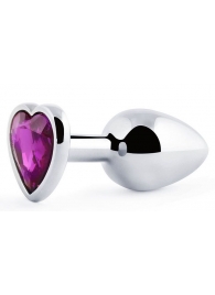 Серебристая анальная пробка с фиолетовым кристаллом-сердечком - 8 см. - Anal Jewelry Plug - купить с доставкой в Балашихе