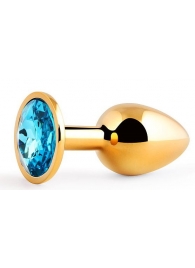 Золотистая анальная пробка с голубым стразом - 7,2 см. - Anal Jewelry Plug - купить с доставкой в Балашихе