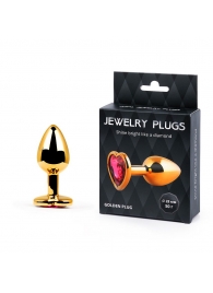 Золотистая анальная пробка с малиновым кристаллом-сердечком - 7 см. - Anal Jewelry Plug - купить с доставкой в Балашихе