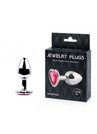 Серебристая анальная пробка с малиновым кристаллом-сердечком - 7 см. - Anal Jewelry Plug - купить с доставкой в Балашихе