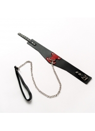 Черный широкий ошейник с красным декором и поводком - Crazy Handmade - купить с доставкой в Балашихе