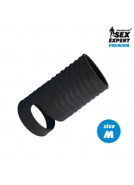 Черная открытая насадка на пенис с кольцом для мошонки size M - 7,9 см. - Sex Expert - в Балашихе купить с доставкой