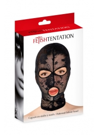 Черная кружевная маска на голову с отверстиями для глаз и рта - Fetish Tentation - купить с доставкой в Балашихе