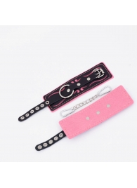 Черно-розовые кожаные наручники с розовой строчкой - Crazy Handmade - купить с доставкой в Балашихе