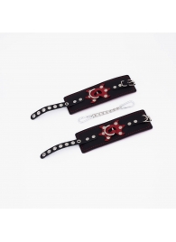 Черные кожаные наручники с красным декором и строчкой - Crazy Handmade - купить с доставкой в Балашихе