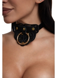 Черный фигурный кожаный ошейник с золотистой фурнитурой - Crazy Handmade - купить с доставкой в Балашихе