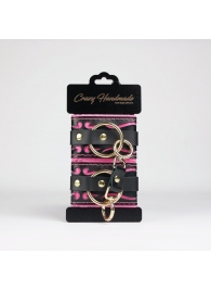 Черные кожаные наручники с розовой строчкой - Crazy Handmade - купить с доставкой в Балашихе