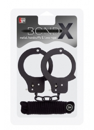 Чёрные наручники из листового металла в комплекте с веревкой BONDX METAL CUFFS LOVE ROPE SET - Dream Toys - купить с доставкой в Балашихе
