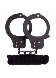 Чёрные наручники из листового металла в комплекте с веревкой BONDX METAL CUFFS LOVE ROPE SET - Dream Toys - купить с доставкой в Балашихе