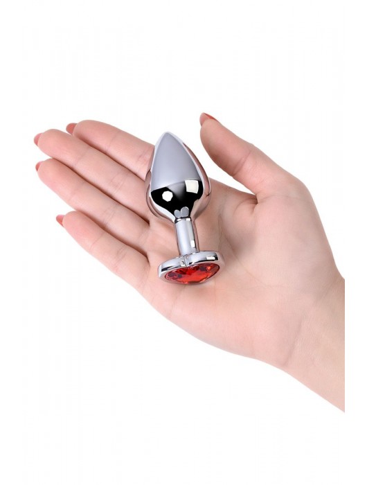 Серебристая коническая анальная пробка с красным кристаллом-сердечком - 7 см. - ToyFa - купить с доставкой в Балашихе