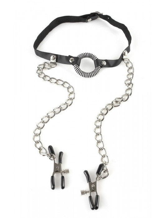 Кляп, соединенный цепочкой с клипсами для сосков - Pipedream - купить с доставкой в Балашихе