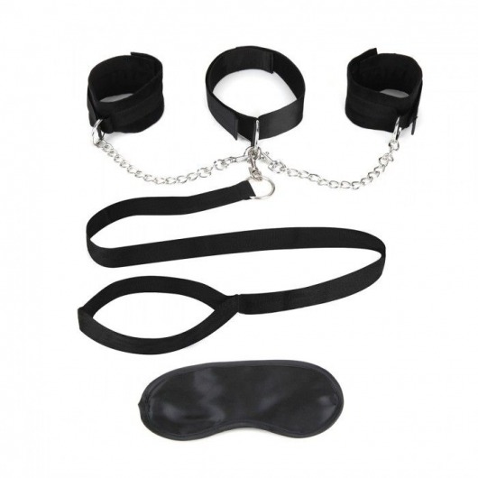 Чёрный ошейник с наручниками и поводком Collar Cuffs   Leash Set - Lux Fetish - купить с доставкой в Балашихе
