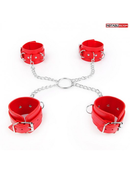 Комплект красных наручников и оков на металлических креплениях с кольцом - Notabu - купить с доставкой в Балашихе