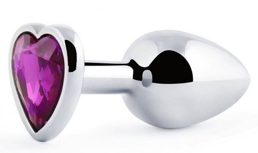 Серебристая анальная пробка с фиолетовым кристаллом-сердечком - 8 см. - Anal Jewelry Plug - купить с доставкой в Балашихе