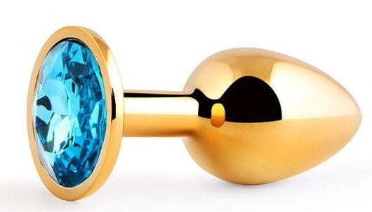 Золотистая анальная пробка с голубым стразом - 7,2 см. - Anal Jewelry Plug - купить с доставкой в Балашихе