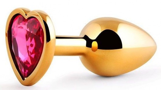 Золотистая анальная пробка с малиновым кристаллом-сердечком - 7 см. - Anal Jewelry Plug - купить с доставкой в Балашихе