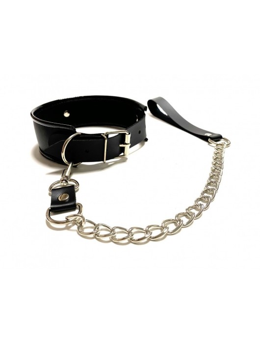 Черный ошейник с поводком из эко-кожи - БДСМ Арсенал - купить с доставкой в Балашихе