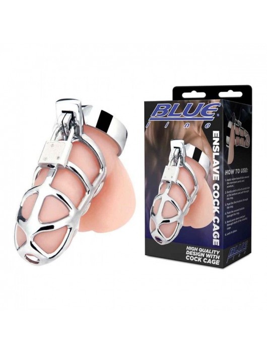 Серебристая металлическая клетка для члена с замком Enslave Cock Cage - BlueLine - купить с доставкой в Балашихе