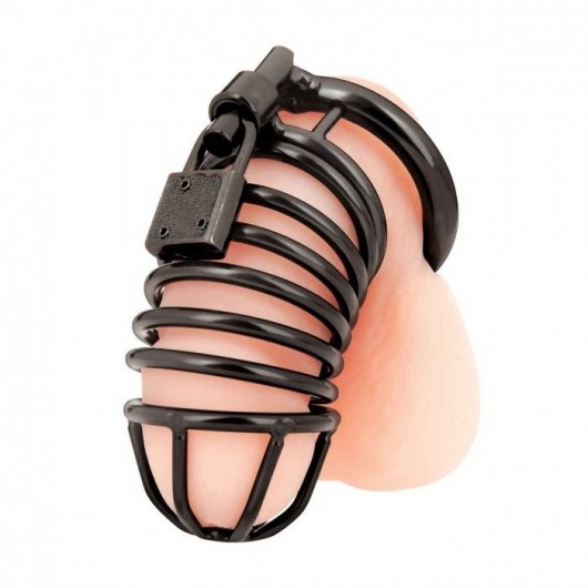 Черная металлическая клетка с замком Deluxe Chastity Cage - BlueLine - купить с доставкой в Балашихе
