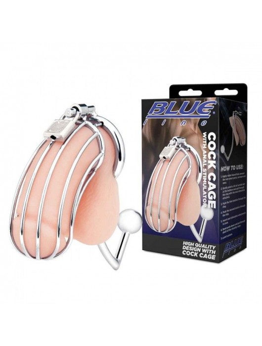 Серебристая металлическая клетка с анальным стимулятором Cock Cage - BlueLine - купить с доставкой в Балашихе