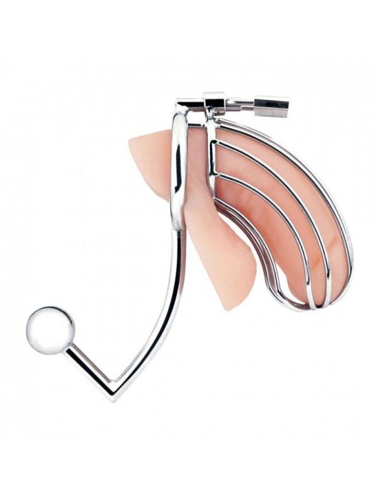 Серебристая металлическая клетка с анальным стимулятором Cock Cage - BlueLine - купить с доставкой в Балашихе