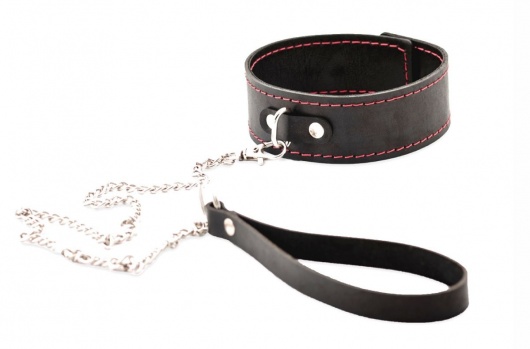 Черный широкий ошейник с красной строчкой и поводком - Crazy Handmade - купить с доставкой в Балашихе