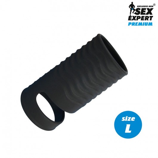 Черная открытая насадка на пенис с кольцом для мошонки L-size - 8,5 см. - Sex Expert - в Балашихе купить с доставкой