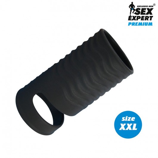 Черная открытая насадка на пенис с кольцом для мошонки XXL-size - 9,4 см. - Sex Expert - в Балашихе купить с доставкой
