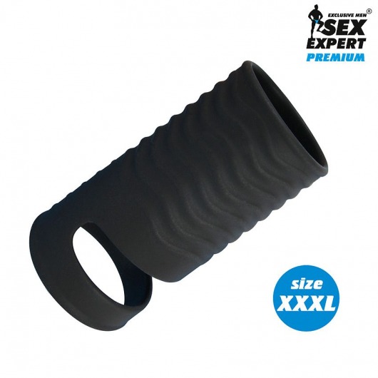 Черная открытая насадка на пенис с кольцом для мошонки XXXL-size - 9,9 см. - Sex Expert - в Балашихе купить с доставкой