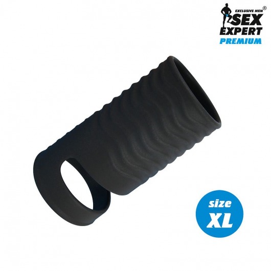 Черная открытая насадка на пенис с кольцом для мошонки XL-size - 8,9 см. - Sex Expert - в Балашихе купить с доставкой