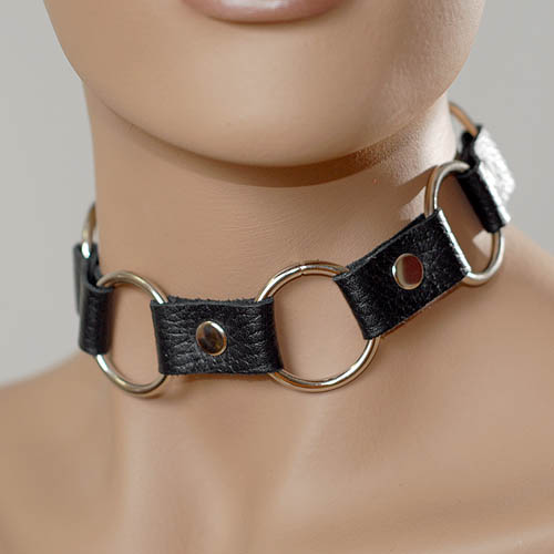 Кожаный черный ошейник с кольцами - Sitabella - купить с доставкой в Балашихе