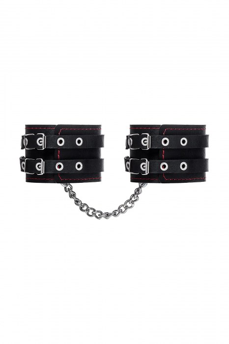 Черные кожаные оковы с двумя ремнями и контрастной строчкой - Pecado - купить с доставкой в Балашихе