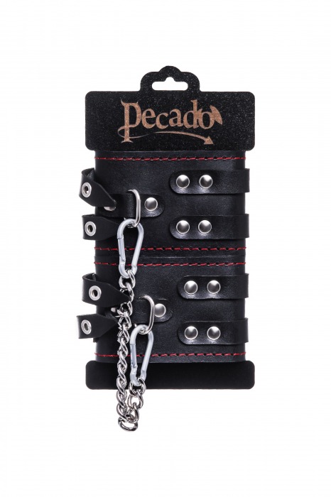 Черные кожаные оковы с двумя ремнями и контрастной строчкой - Pecado - купить с доставкой в Балашихе